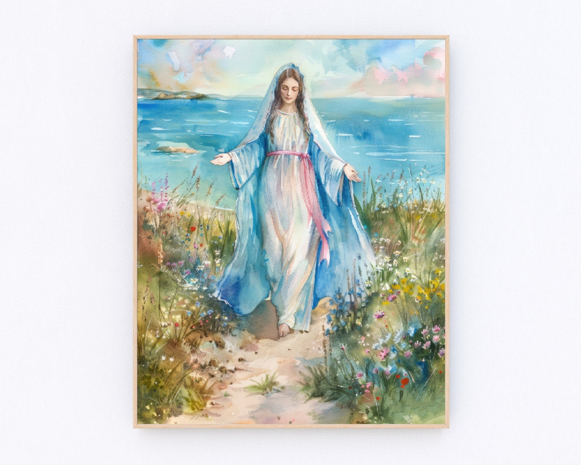 Mary On Beach Painting Mary Knows The Way Mother Mary Poster Blessed Virgin Mary Painting Christian Prayer Wall Art Catholic Gifts P452