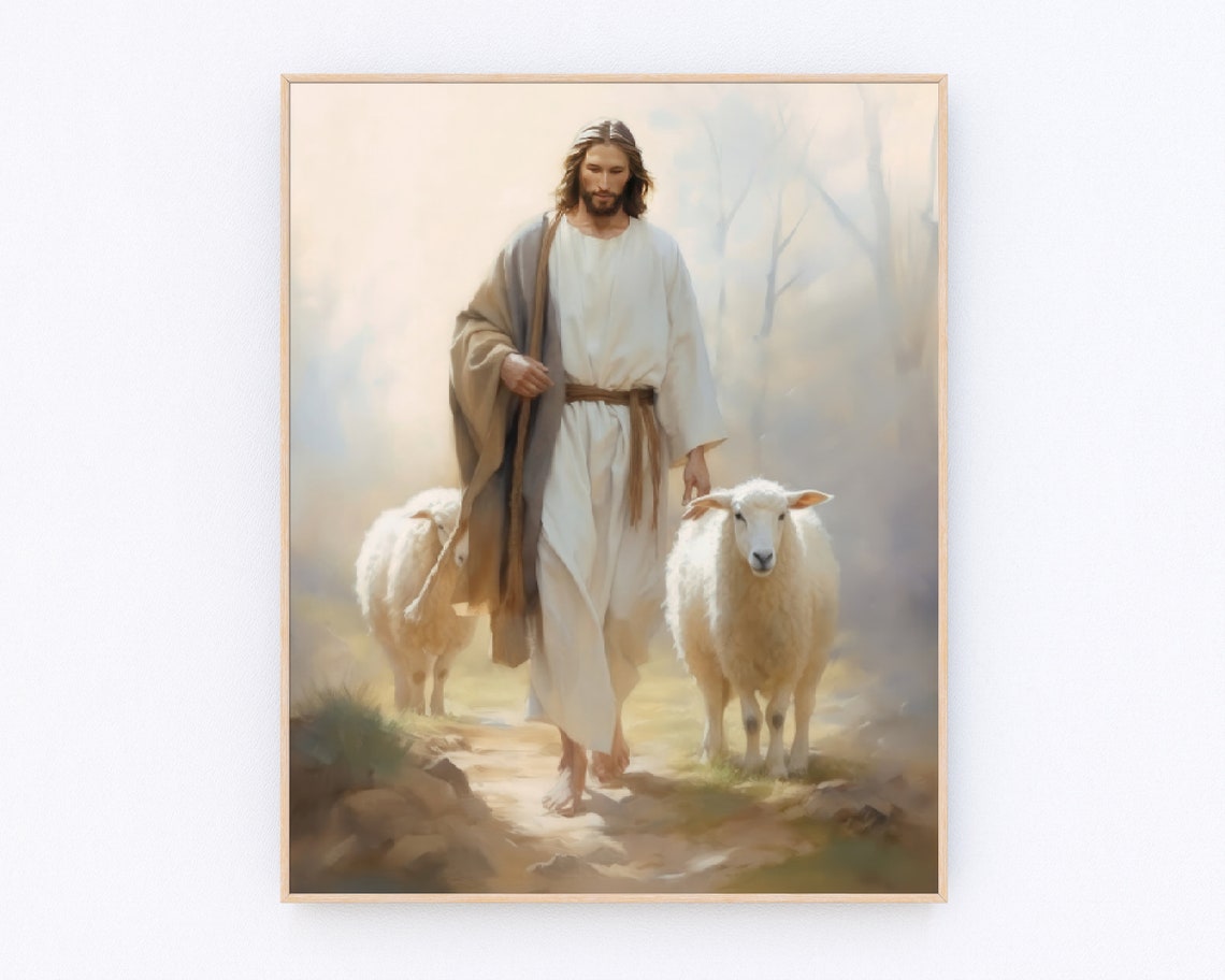 Jesus the Good Shepherd Walking With Sheep Path Christian Art Poster