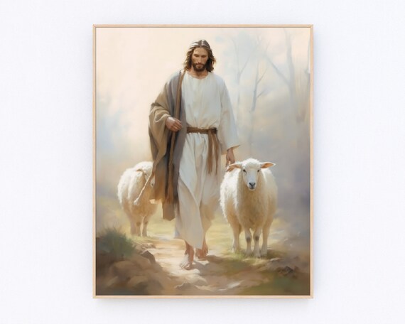 Jesus the Good Shepherd Walking With Sheep Path Christian Art Poster