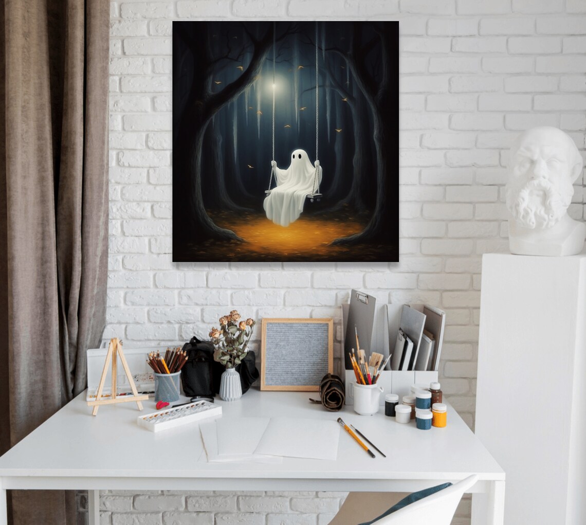 Lonely Ghost Sitting on Swing in Dark Moonlit Forest Halloween Art Poster - Image 2