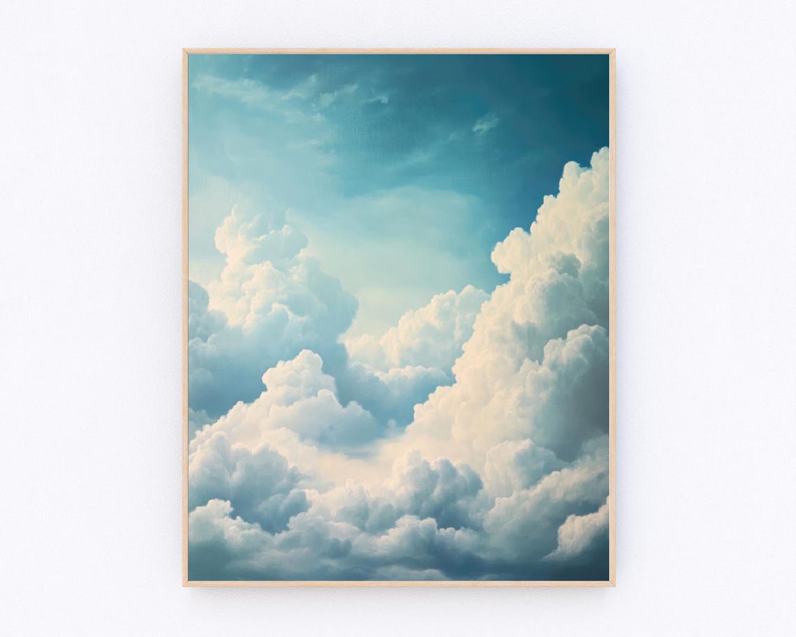 White Clouds Blue Sky Oil Painting Calm Neutral Landscape Poster
