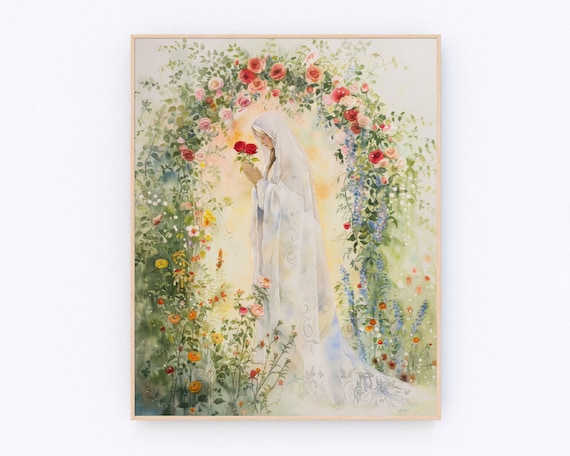 Virgin Mary Holding Red Roses Under a Flowering Archway Poster