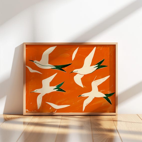 Red Bird Boho Art Print Abstract Sea Wall Minimalist White And Green Bold Modern Decor Artistic