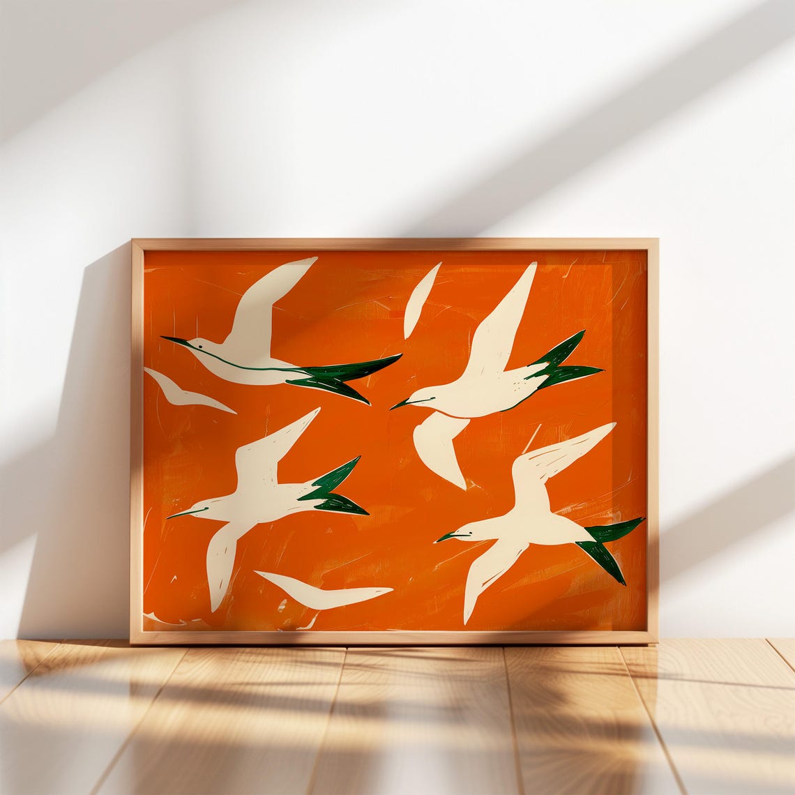 Red Bird Boho Art Print Abstract Sea Wall Minimalist White And Green Bold Modern Decor Artistic