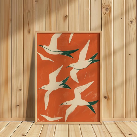 Red Bird Boho Art Print Abstract Sea Wall Minimalist White And Green Bold Modern Decor Artistic