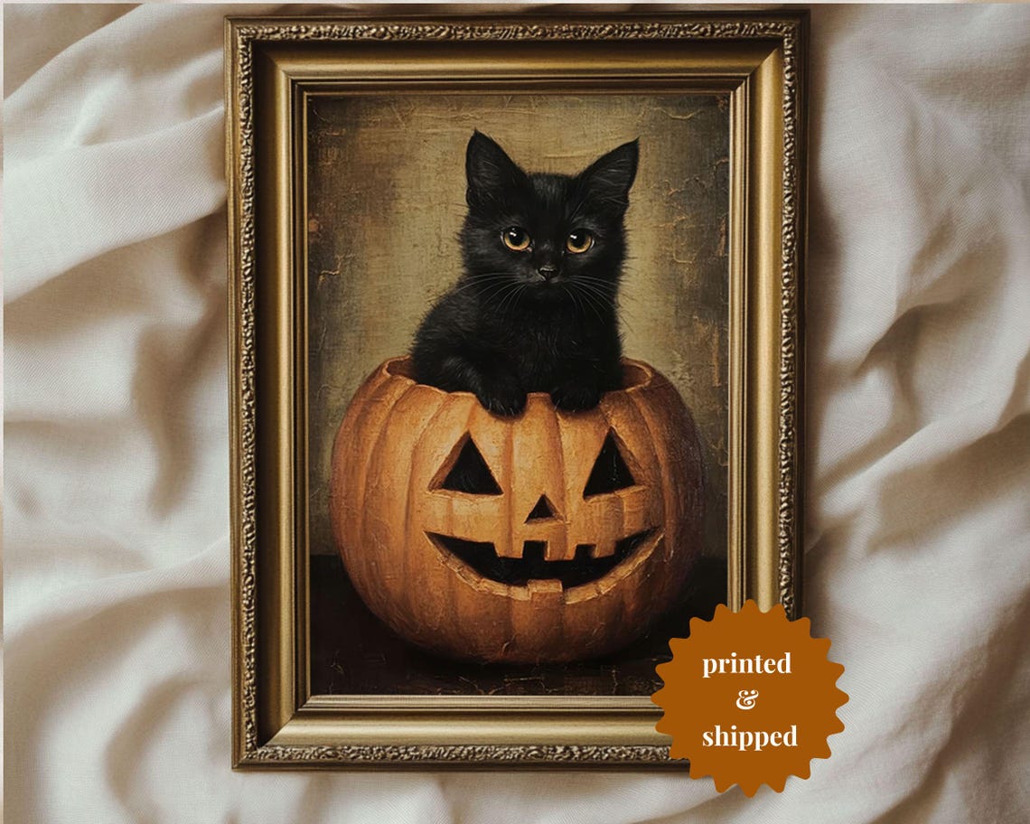Black Cat Halloween Pumpkin, Vintage Style Art Print