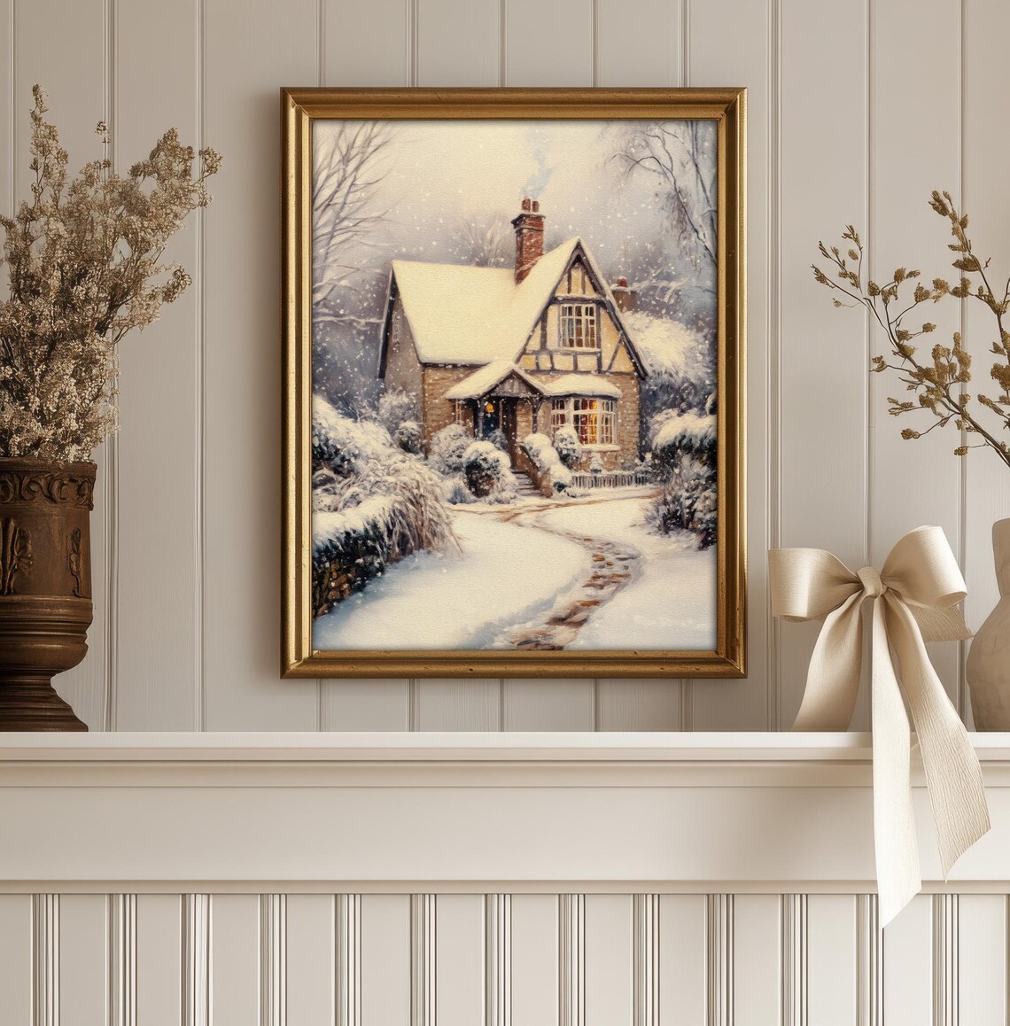 Snowy English Cottage, Vintage Style Holiday Decor - Image 2