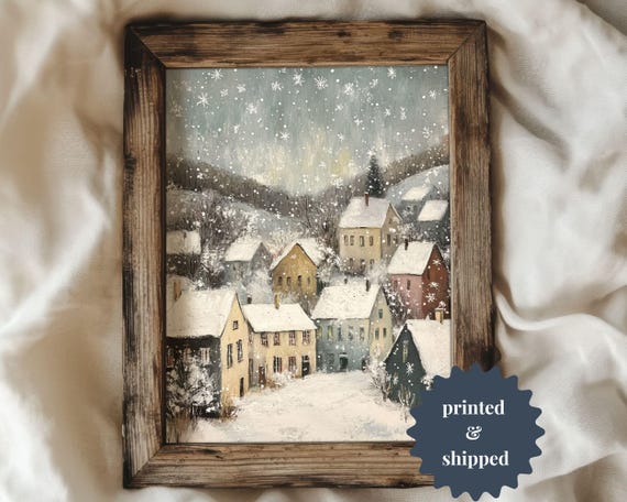Christmas Village Winter Painting, Vintage Holiday Art Print