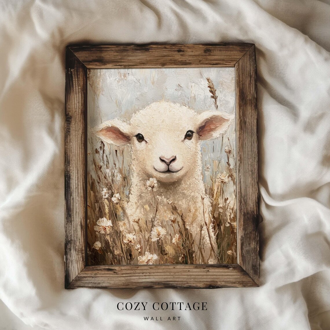 Lamb On Flower Meadow, Vintage Cottage Decor