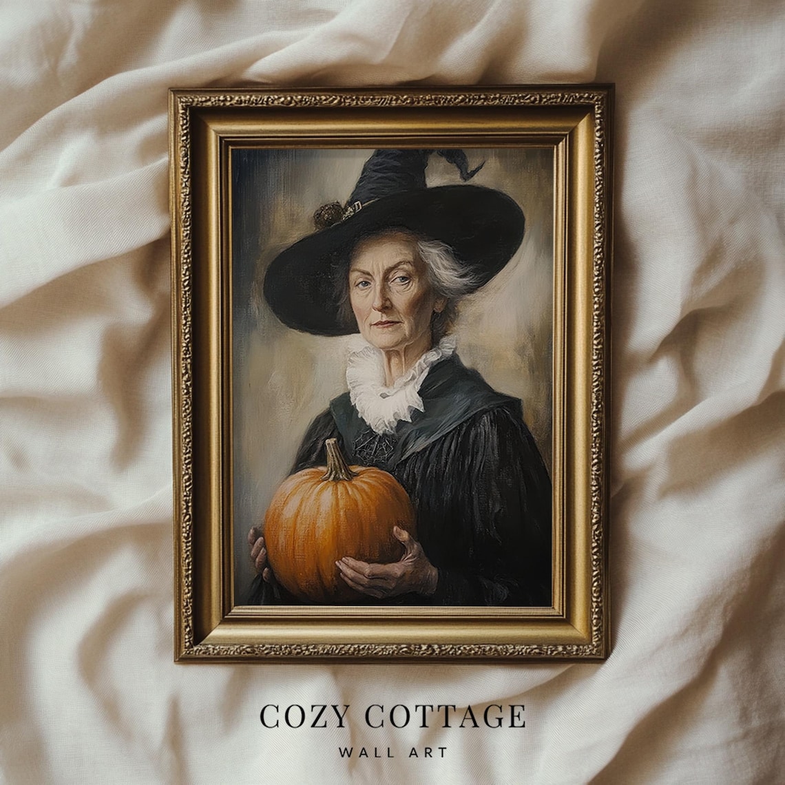 Victorian Witch Holding A Pumpkin, Vintage Art Print