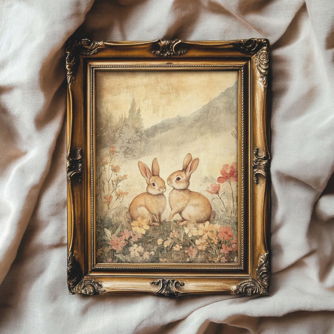 Two Rabbits Vintage Sepia Art Print, Easter Decor