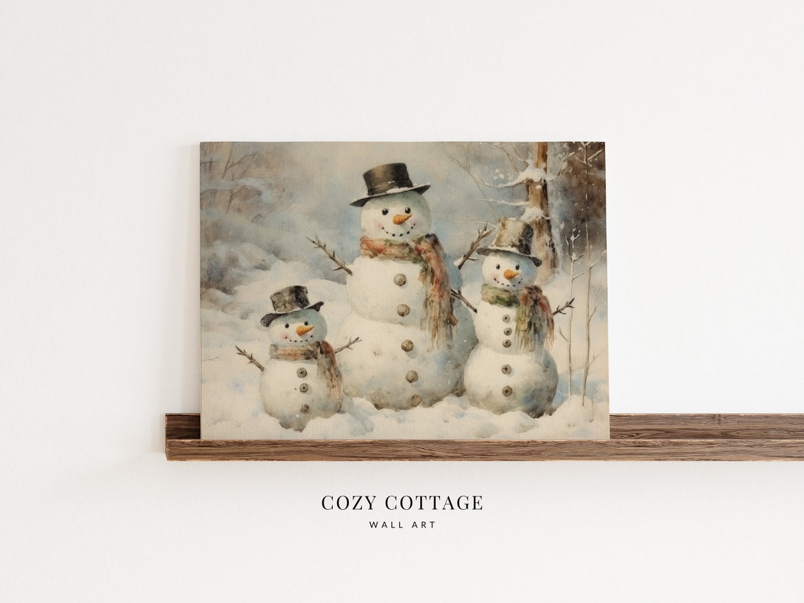 Snowman Family Vintage Christmas Cottage Art Print - Image 3