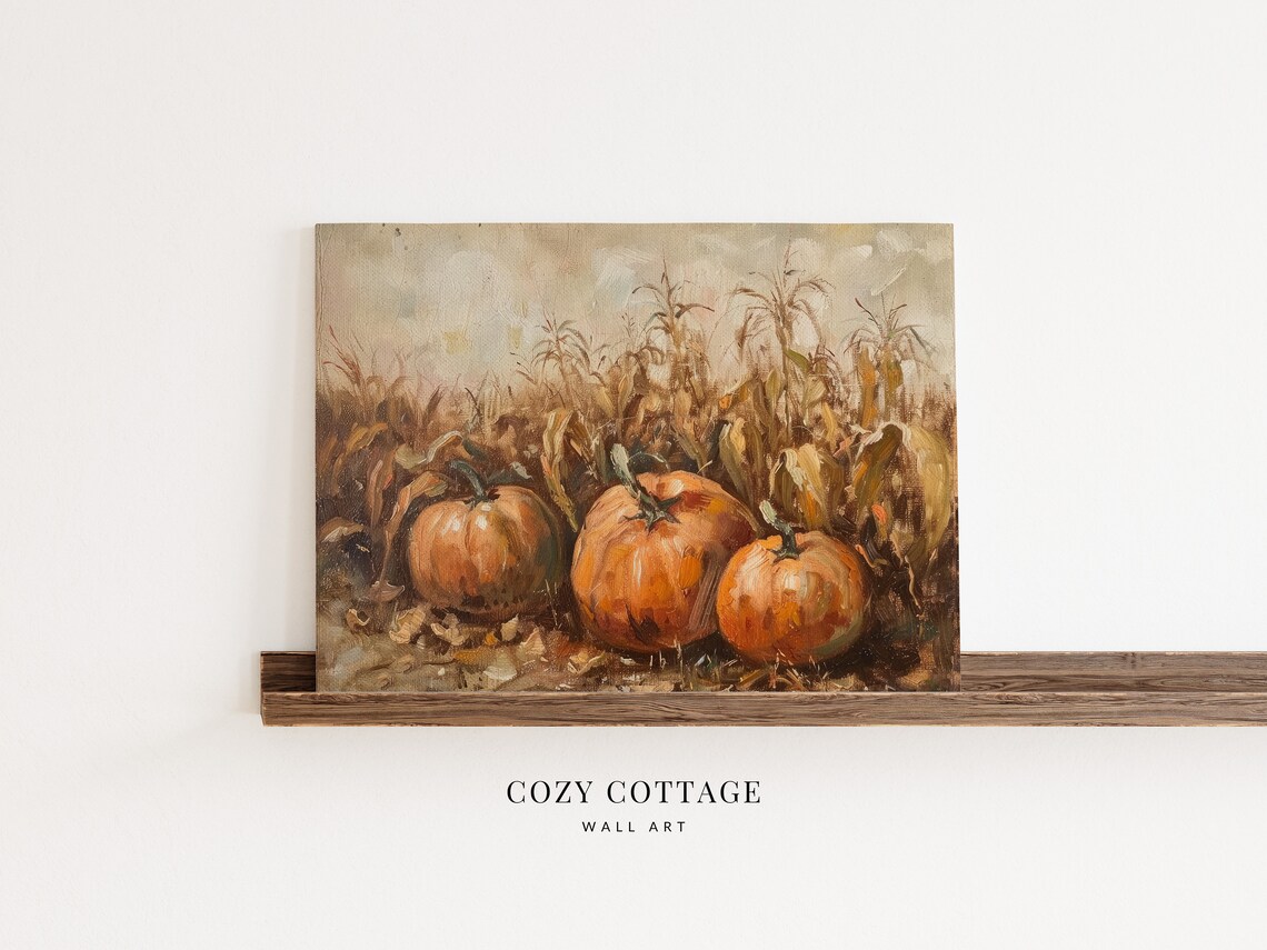 Three Pumpkins in a Cornfield Rustic Fall Harvest Scene Poster - Image 2