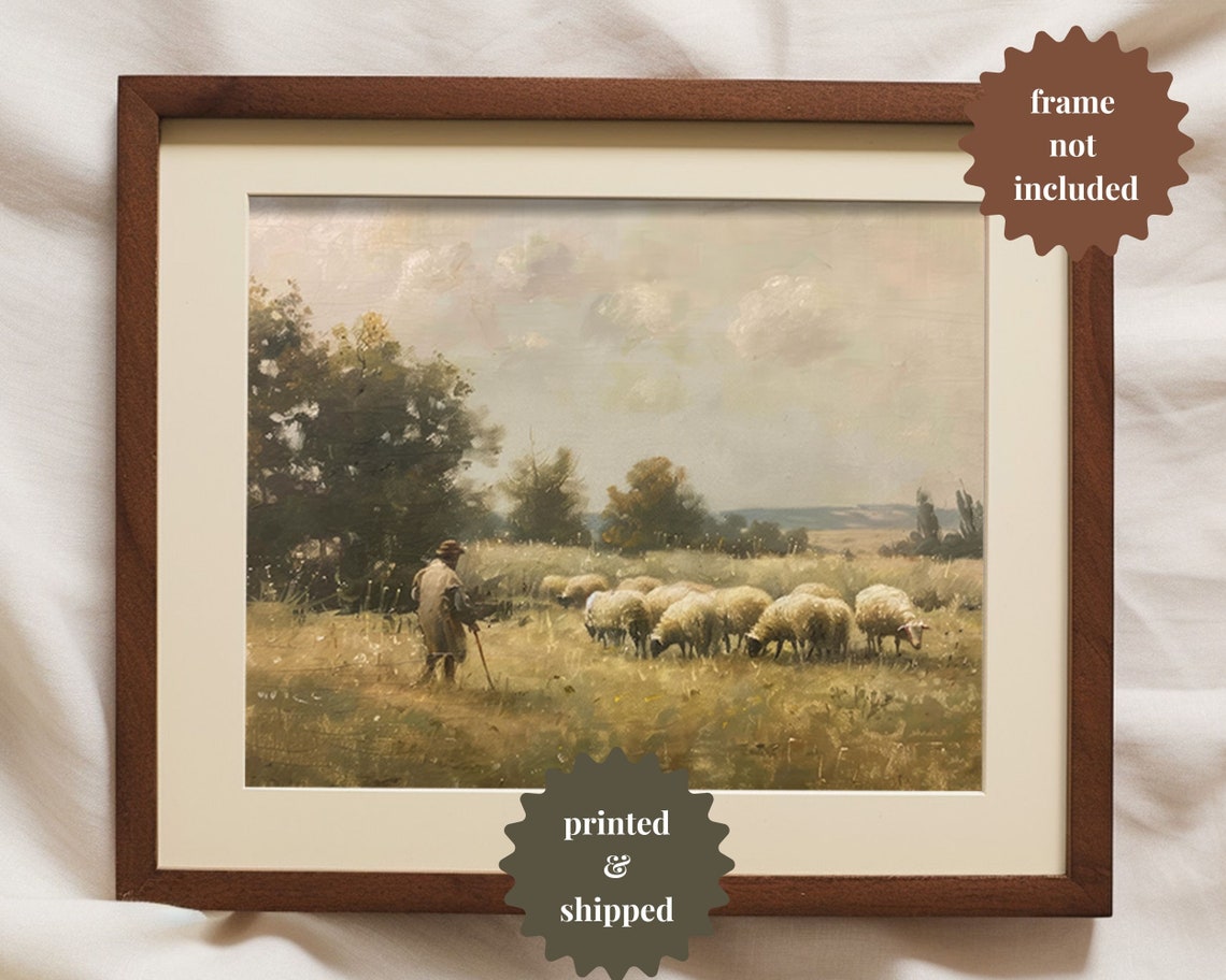 Shepherd and His Sheep, Vintage Farmhouse Art Print - Image 3