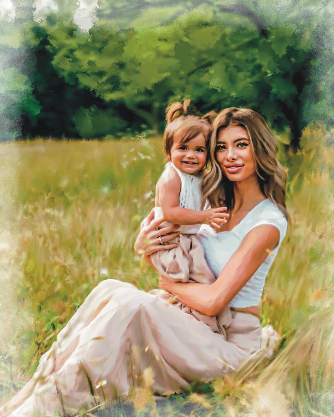 Custom Watercolor Mother Holding Her Toddler in a Sunny Meadow Poster