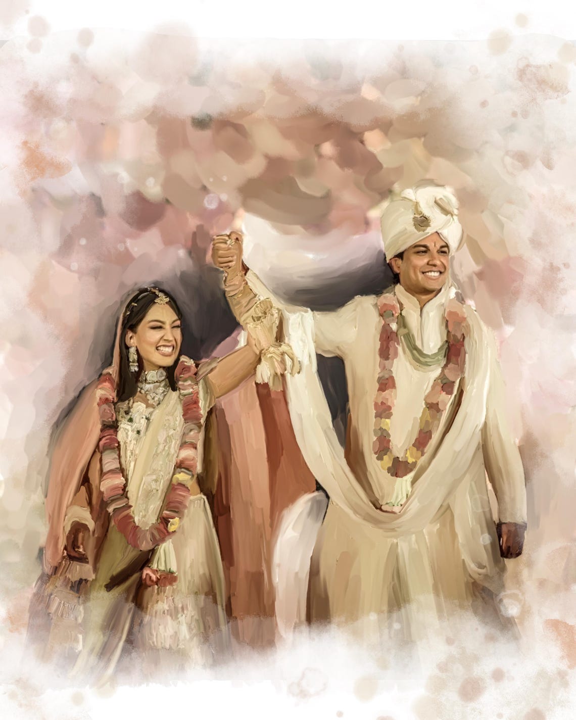 Indian Wedding Couple in Traditional Attire Raising Hands Poster