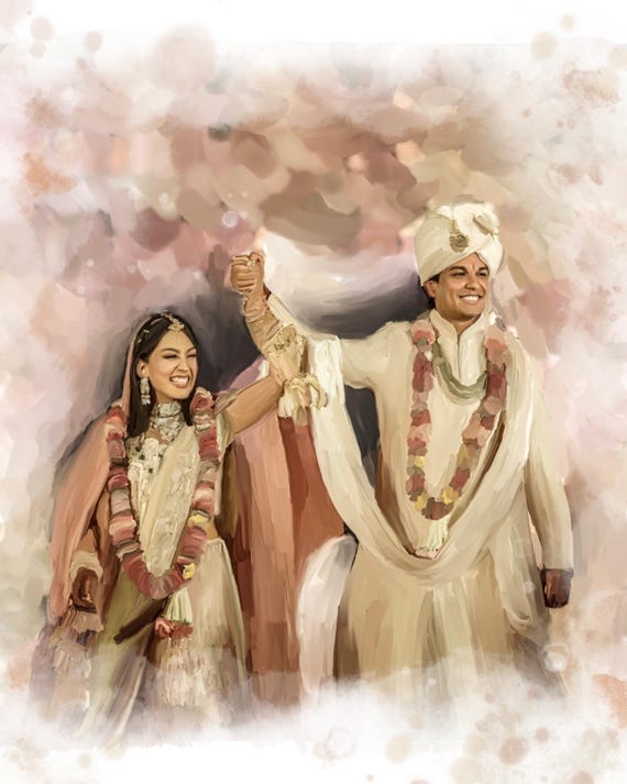 Indian Wedding Couple in Traditional Attire Raising Hands Poster