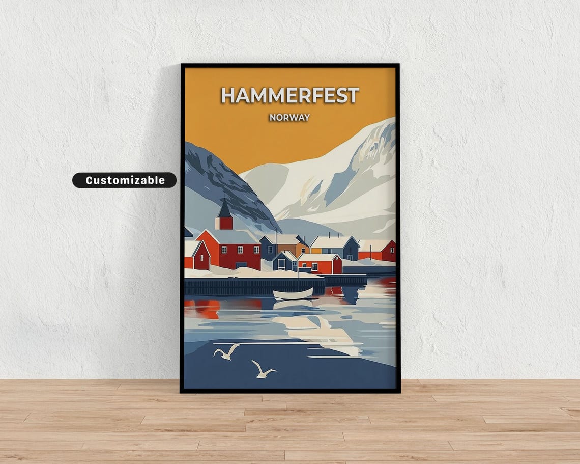 Hammerfest Norway Sunset Harbor Customizable Arctic Town Poster