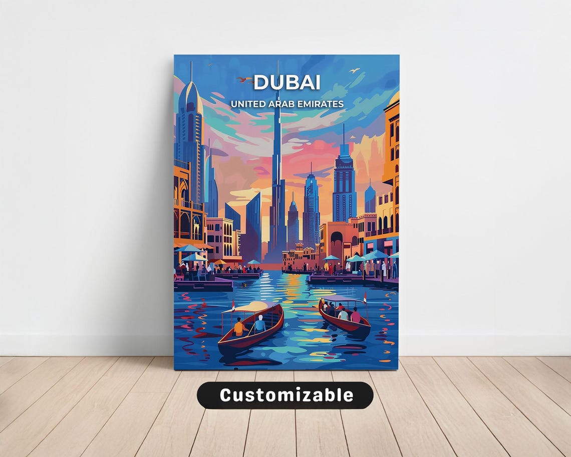 Dubai Creek Abra Boats Skyline Sunset United Arab Emirates Poster
