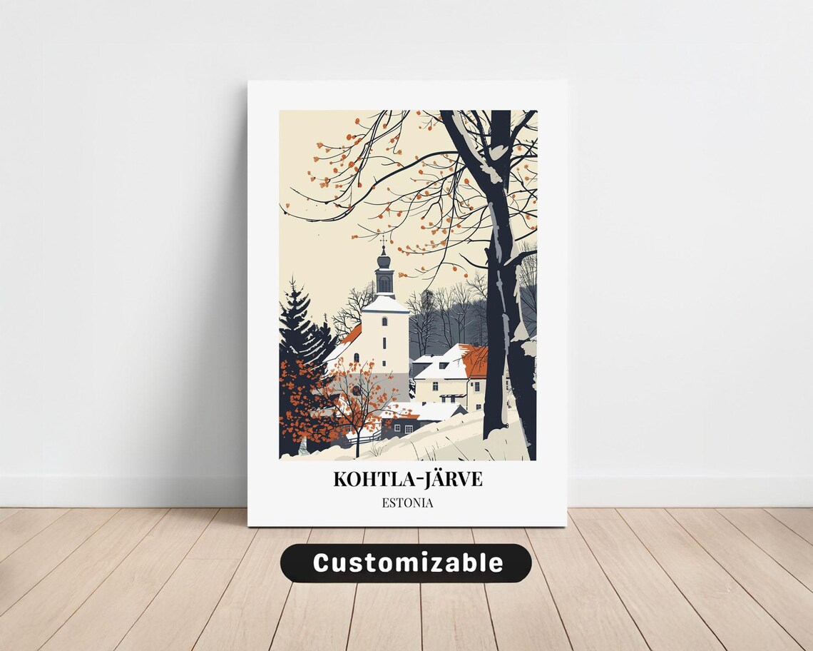 Kohtla-Järve Estonia Winter Church Snowy Village Travel Poster