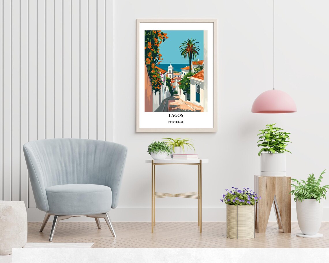 Lagos Portugal Algarve Cobblestone Street Bougainvillea Travel Poster - Image 2