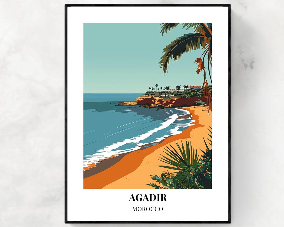 Agadir Golden Cove With Rocky Cliffs And Palms Morocco Travel Poster