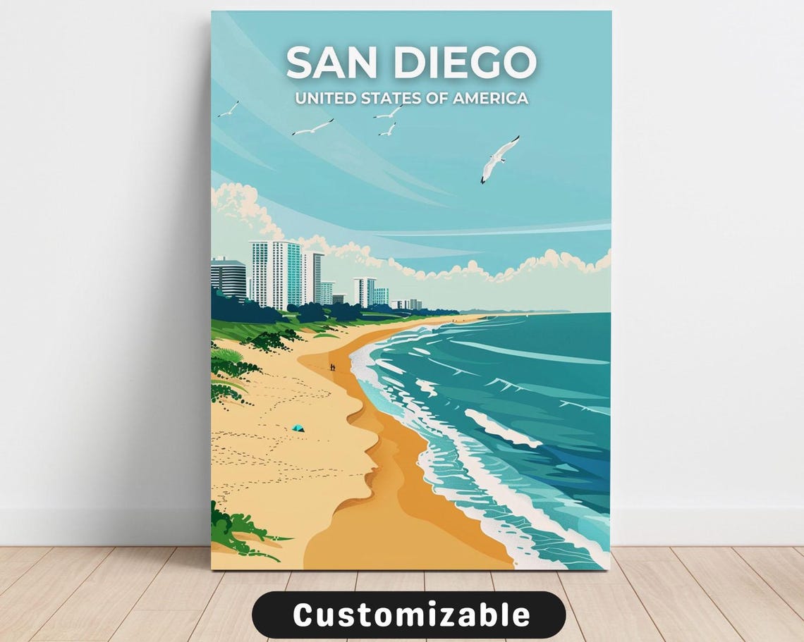 San Diego Beach Retro Travel Poster Seagull Coastal Skyline Artwork