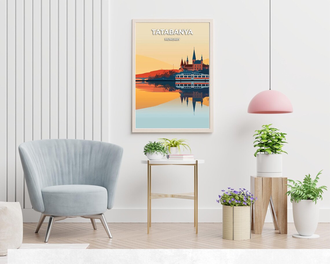 Tatabanya Hungary Sunset Lake Church Train Vintage Travel Poster - Image 2