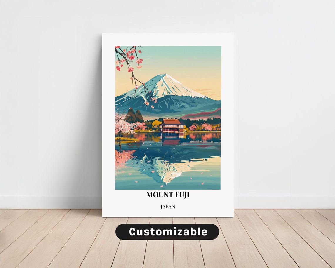 Mount Fuji Japan Lake Reflection Cherry Blossom Minimalist Poster