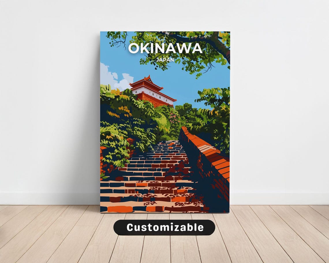 Okinawa Japan Travel Poster With Red Castle Temple And Stone Steps