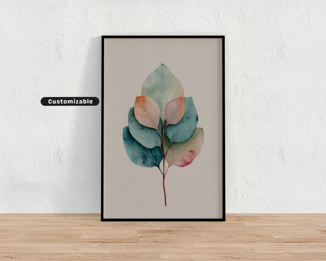 Watercolor Leaves in Teal and Rose Muted Botanical Neutral Art Print