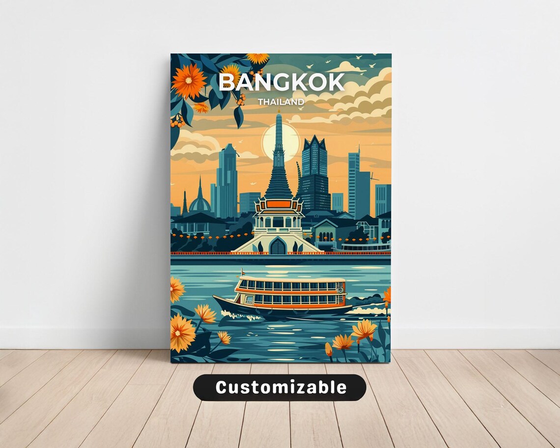 Bangkok Thailand Temple Riverside Sunset Retro Travel Poster