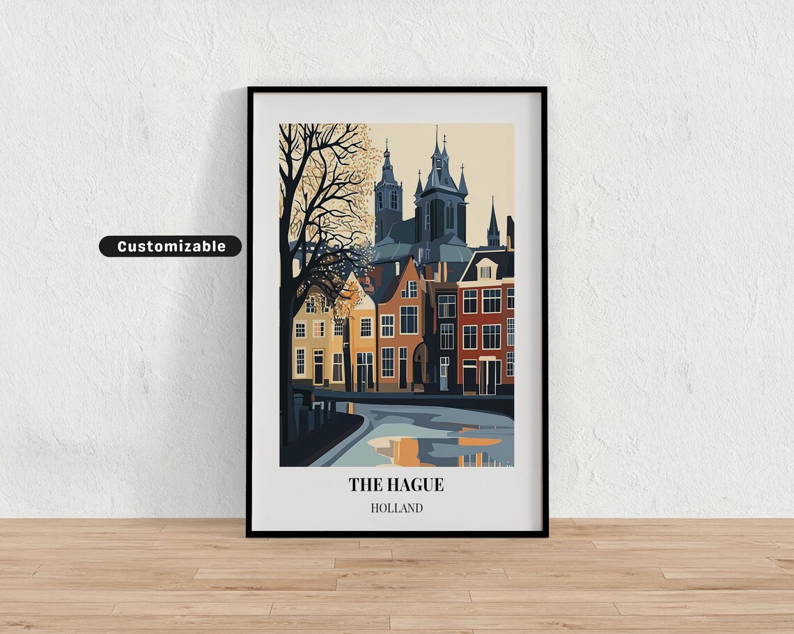 The Hague Holland Canal Houses and Church Towers Vintage Poster