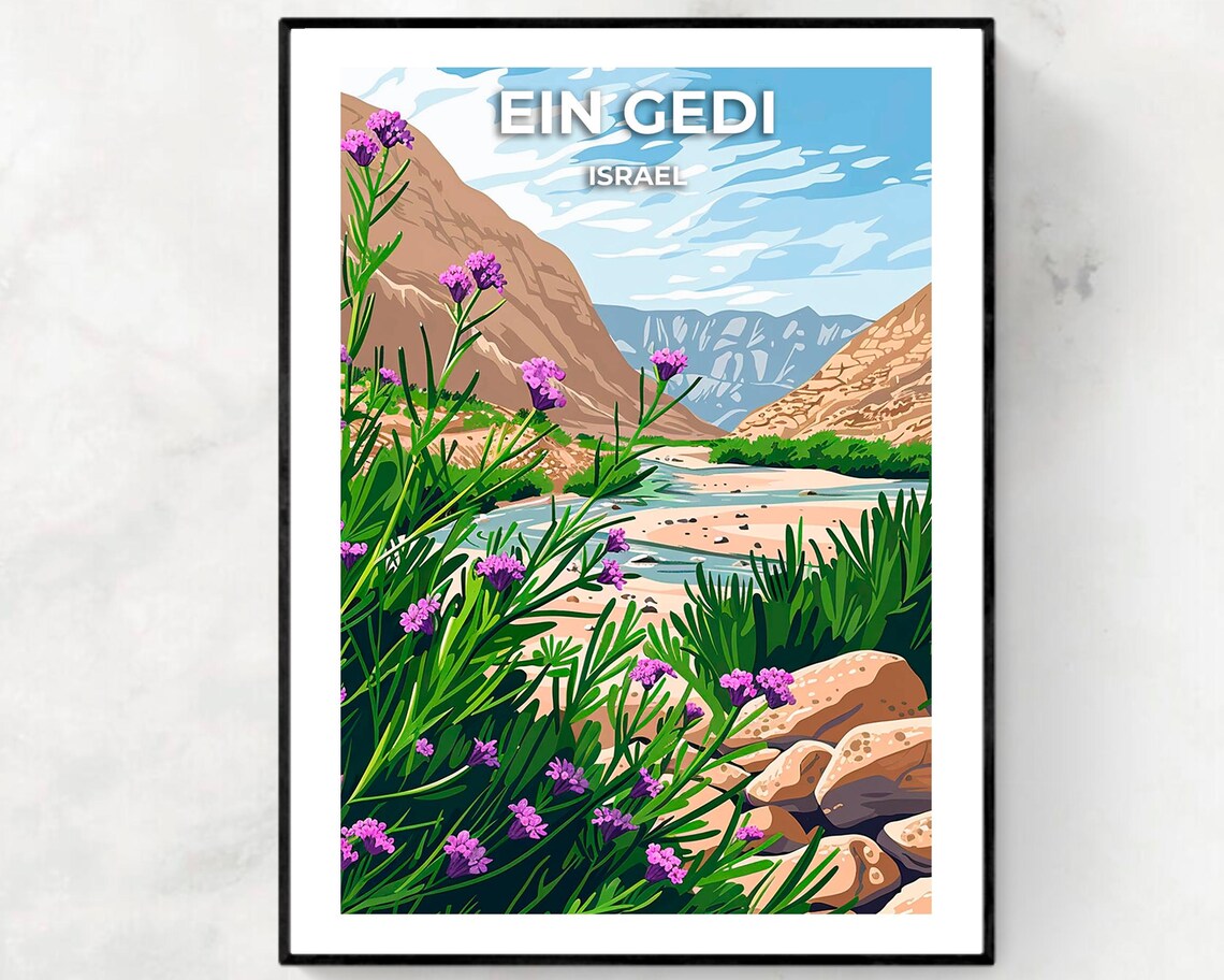 Ein Gedi Israel Desert Oasis Purple Flowers Rocky Stream Travel Poster
