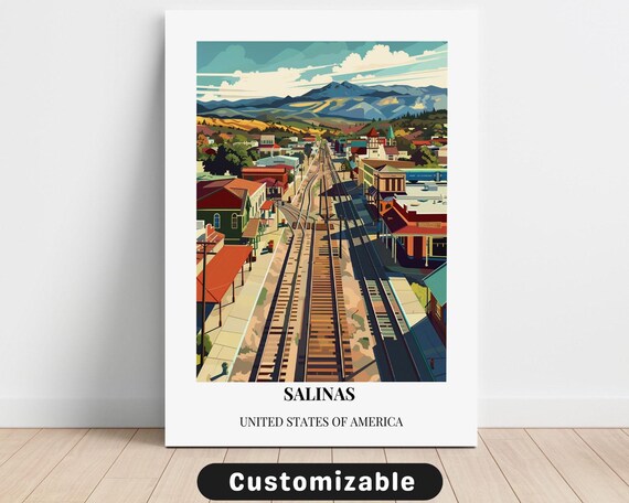 Salinas Railroad Town Sunset Hills Retro Travel Illustration Poster