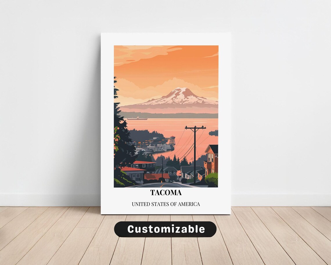 Tacoma USA Sunset Mountain View Customizable City Travel Poster