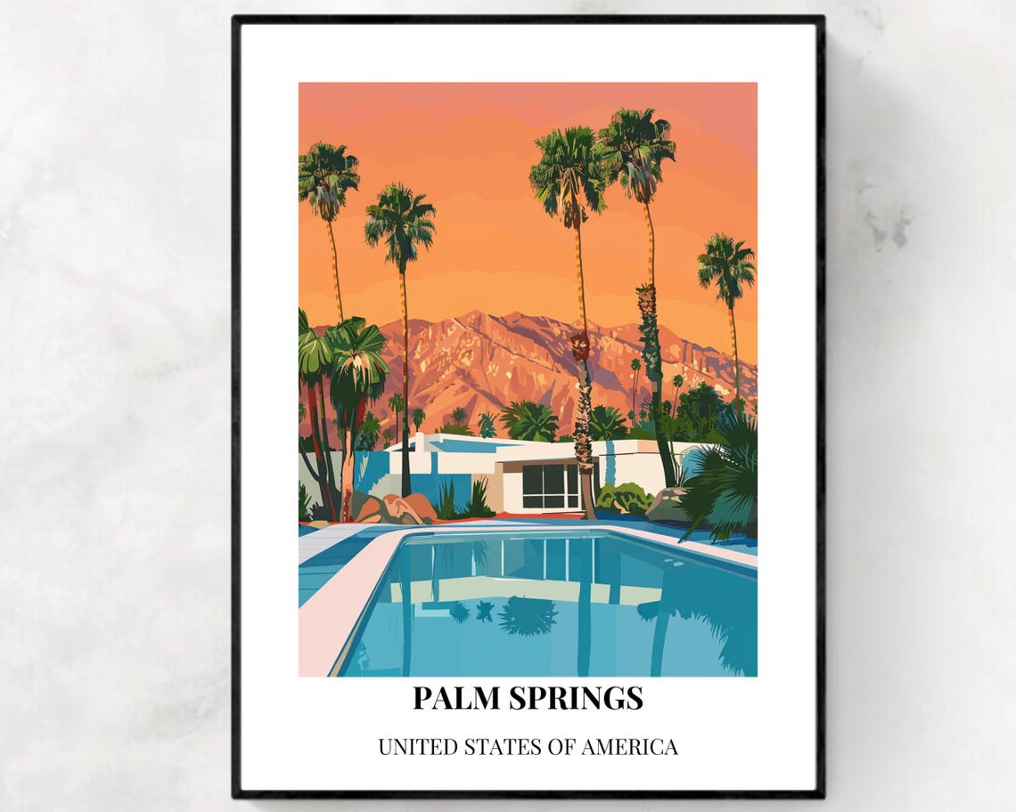 Palm Springs Desert Villa Poolside Sunset Palm Vintage Poster