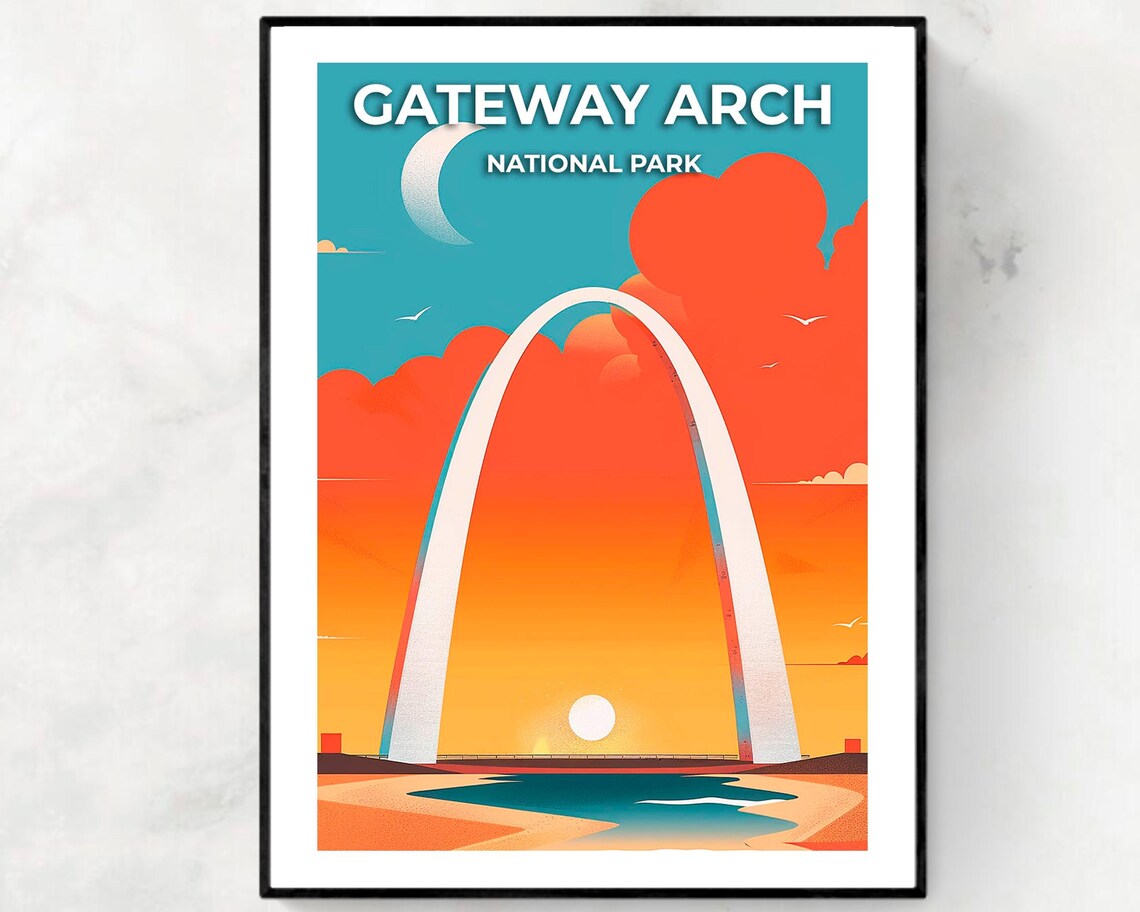 Gateway Arch National Park Bold Orange Sunset Moon Art Poster
