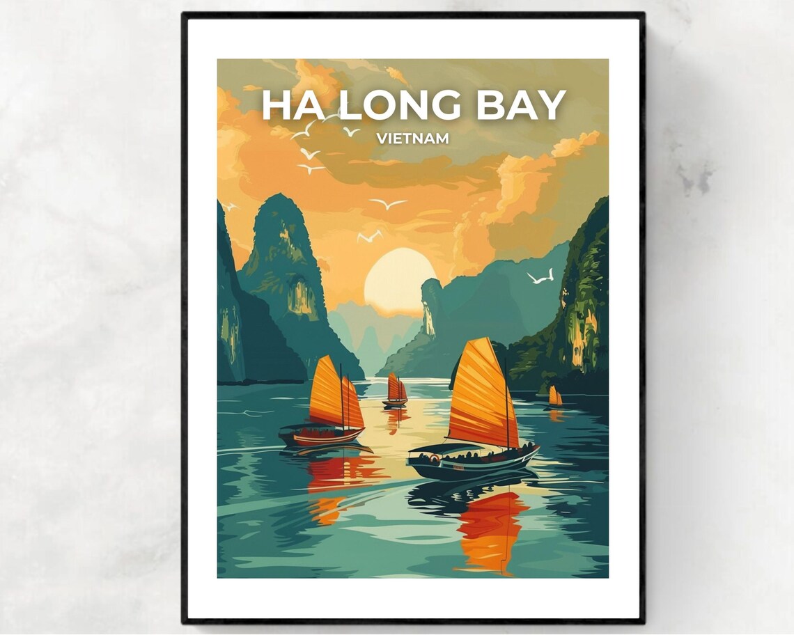 Ha Long Bay Vietnam Sunrise Junk Boat Sails Scenic Travel Poster