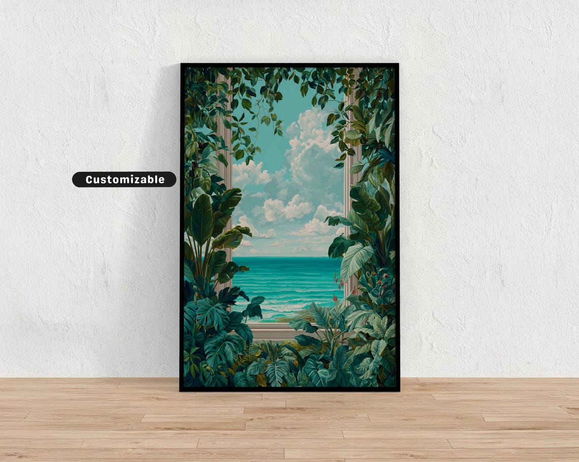 Tropical Window Ocean View Lush Green Leaves Botanical Poster
