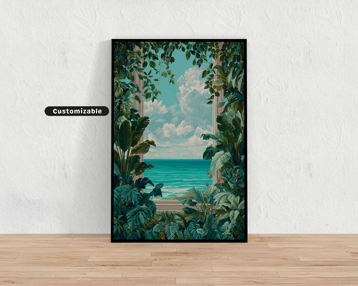 Window Framed By Leaves With Ocean View Tropical Botanical Wall Art Nature Print