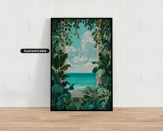 Window Framed By Leaves With Ocean View Tropical Botanical Wall Art Nature Print