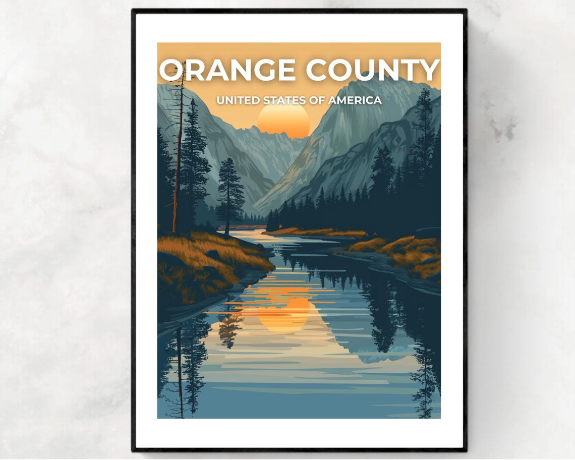 Orange County California Sunset Over Mountain River Travel Poster