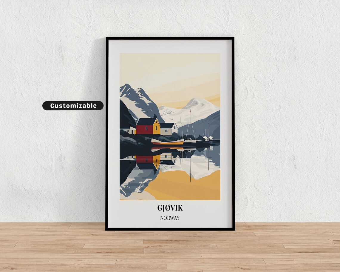 Gjovik Norway Fjord Lake Cabins Mountain Reflections Travel Poster