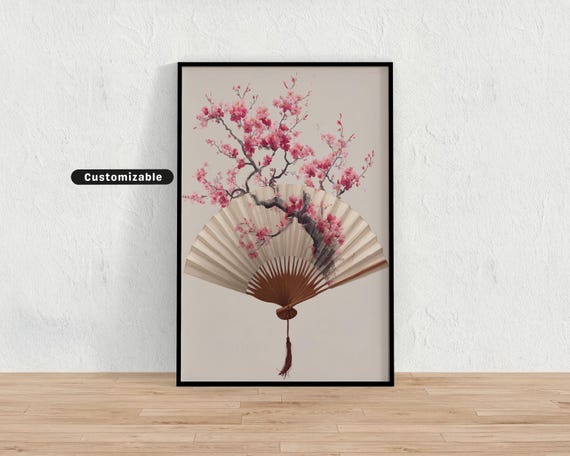 Stylized Fan With Painted Scene Of Cherry Blossoms Japanese Wall Art Print Zen Asian Decor