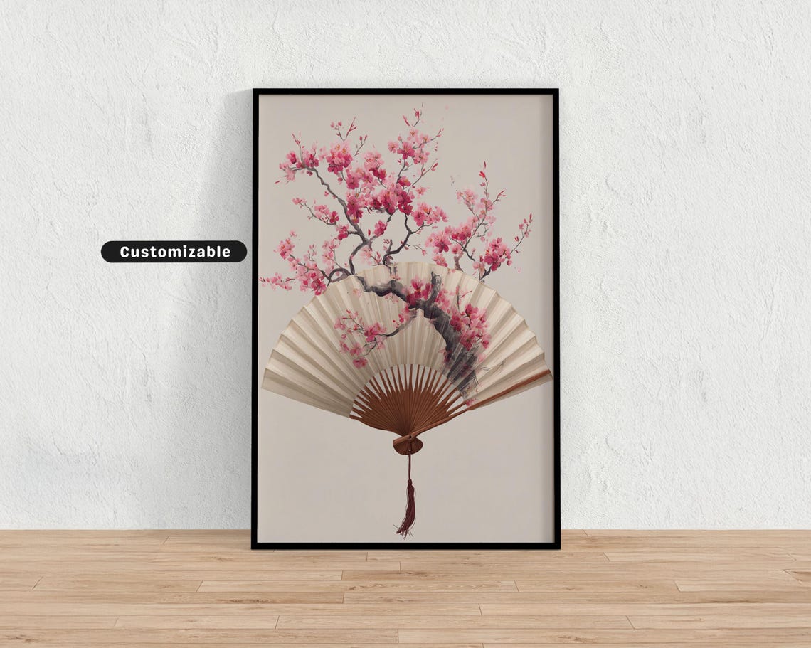 Stylized Fan With Painted Scene Of Cherry Blossoms Japanese Wall Art Print Zen Asian Decor