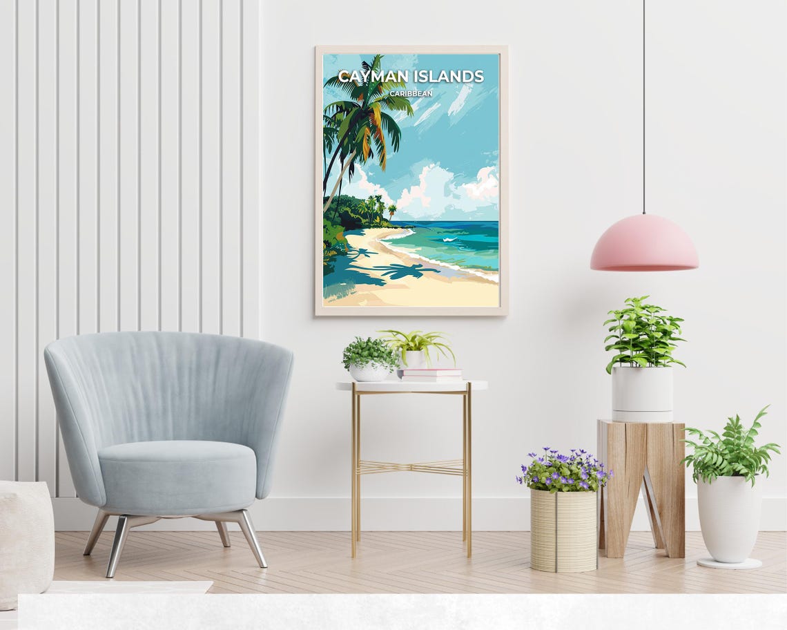 Cayman Islands Caribbean Palm Shadow Sandy Beach Waves Poster - Image 2