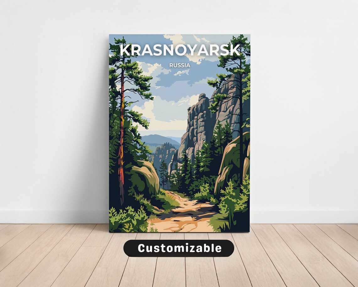 Krasnoyarsk Russia Rocky Cliffs Pines Vintage Travel Art Poster