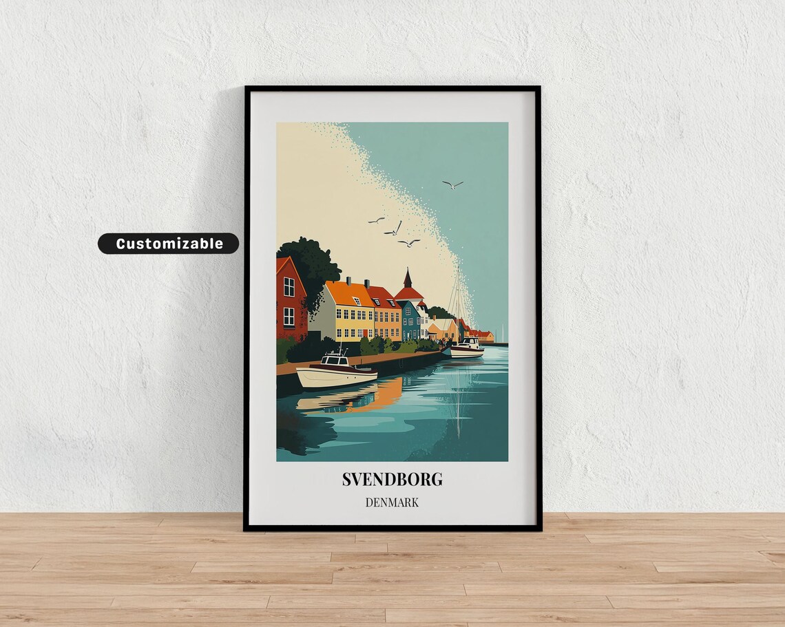 Svendborg Denmark Harbor Boats Waterfront Houses Vintage Poster