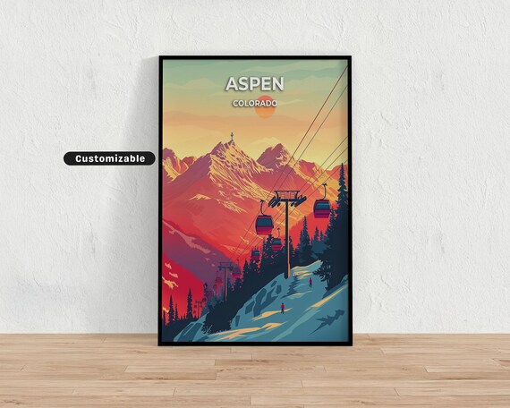 Aspen Colorado Sunset Gondolas Red Mountain Peaks Ski Travel Poster